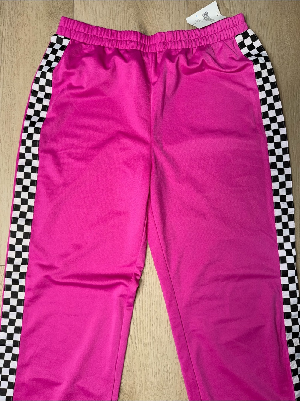 NWT Forever 21 Hot Pink Track Pants with Checkered Side Stripes Size L - Picture 2 of 3